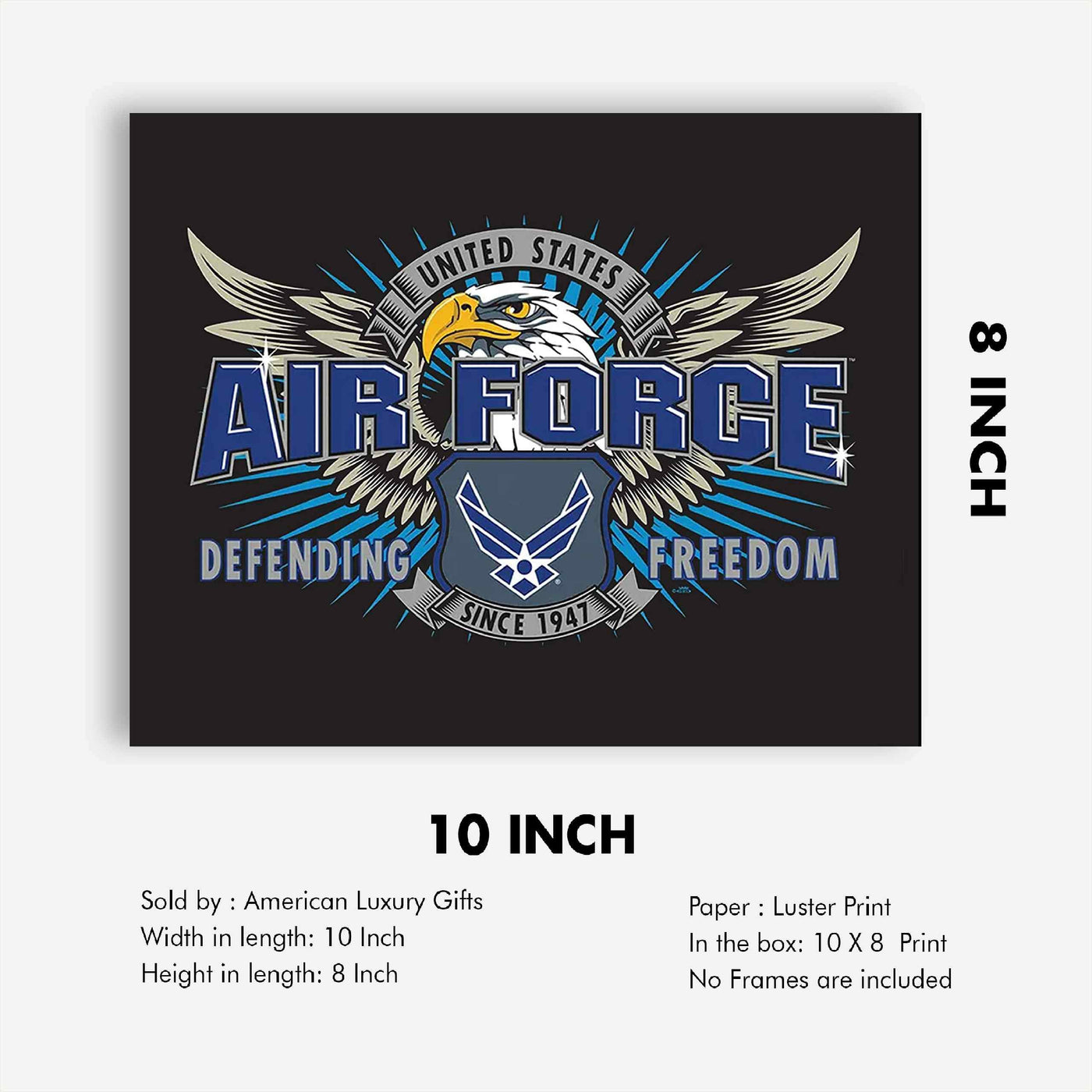 U.S. Air Force Emblem Poster Print- 10 x 8"- USAF Airmen's Wall Art Prints-Ready To Frame."Defending Freedom Since 1947". Home-Office-Garage-Military Decor. Great Gift to Show Air Force Pride!