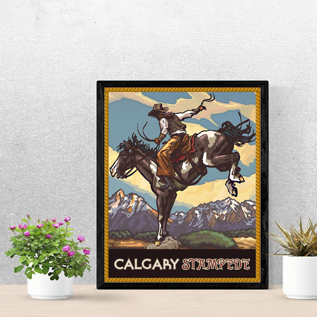 "Calgary Stampede" Cowboy Riding Horse Wall Art Sign -8 x 10" Country Rustic Rodeo Poster Print -Ready to Frame. Home-Office-Farmhouse Decor. Perfect Gift for All Cowboys &amp; Cowgirls!