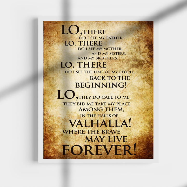 Valhalla-Where the Brave May Live Forever Viking Song Art Wall Sign -11 x 14" Rustic, Old World Art Print-Ready to Frame. Nordic Spiritual Sign for Home-Office-Bar-Man Cave-Pub Decor. Great Gift!