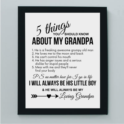 5 Things to Know About My Grandpa Funny Family Wall Decor Sign -8 x 10" Rustic Inspirational Farmhouse Print -Ready to Frame. Home-Boys Bedroom-Family Room Decor. Great Papa Gift for All Grandsons!