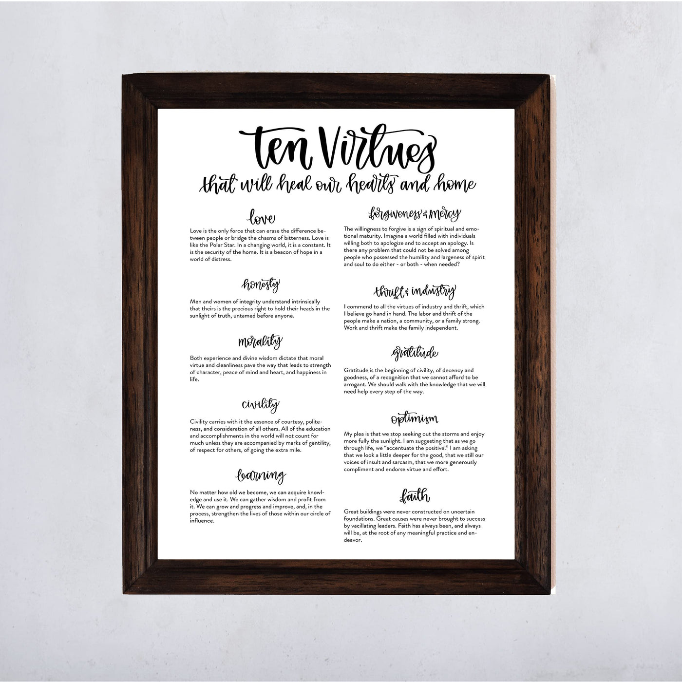 Ten Virtues That Will Heal Our Hearts & Home -Christian Wall Art Sign- 11 x 14" Inspirational Poster Print -Ready to Frame. Home-Office-Church-Welcome Decor. Perfect Rules of Faith & Family!