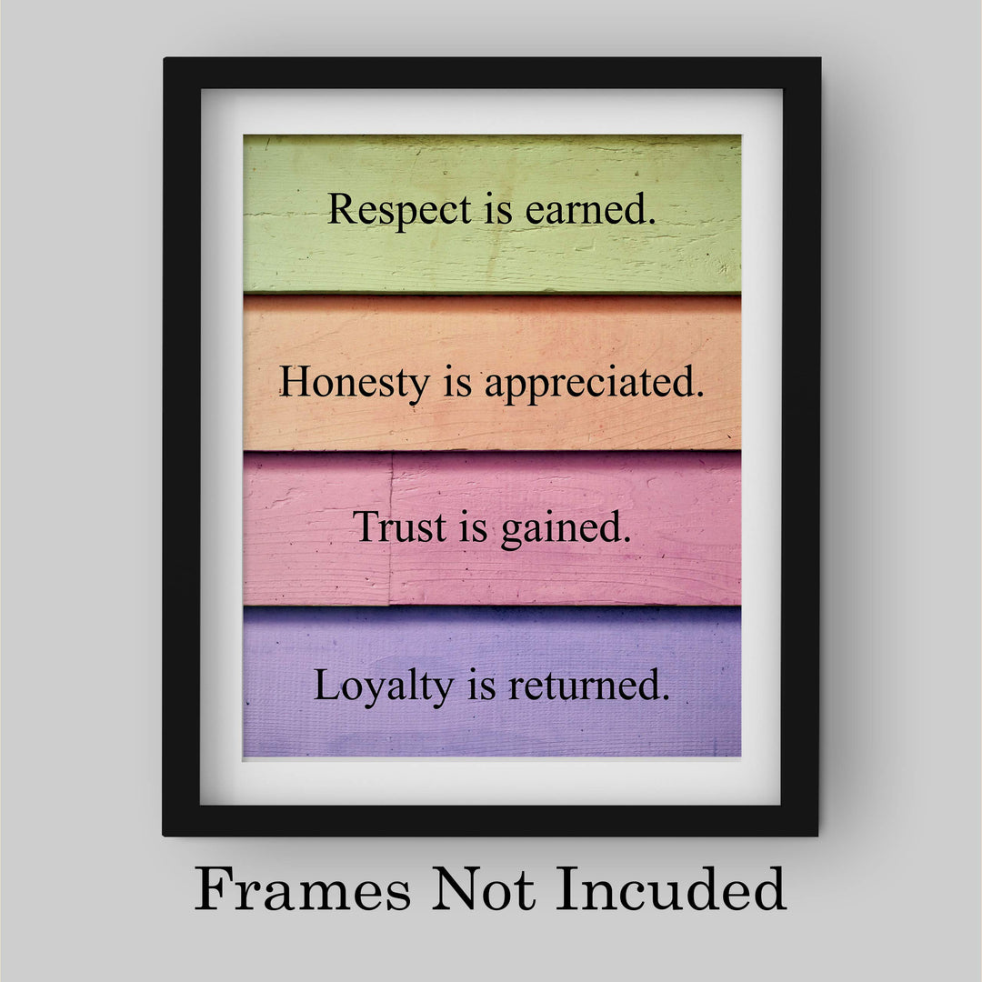 Respect Is Earned-Trust Is Gained Inspirational Life Quotes Wall Art-8 x 10" Typographic Print w/Replica Distressed Design-Ready to Frame. Rustic Home-Office-School Decor. Great Motivational Gift!