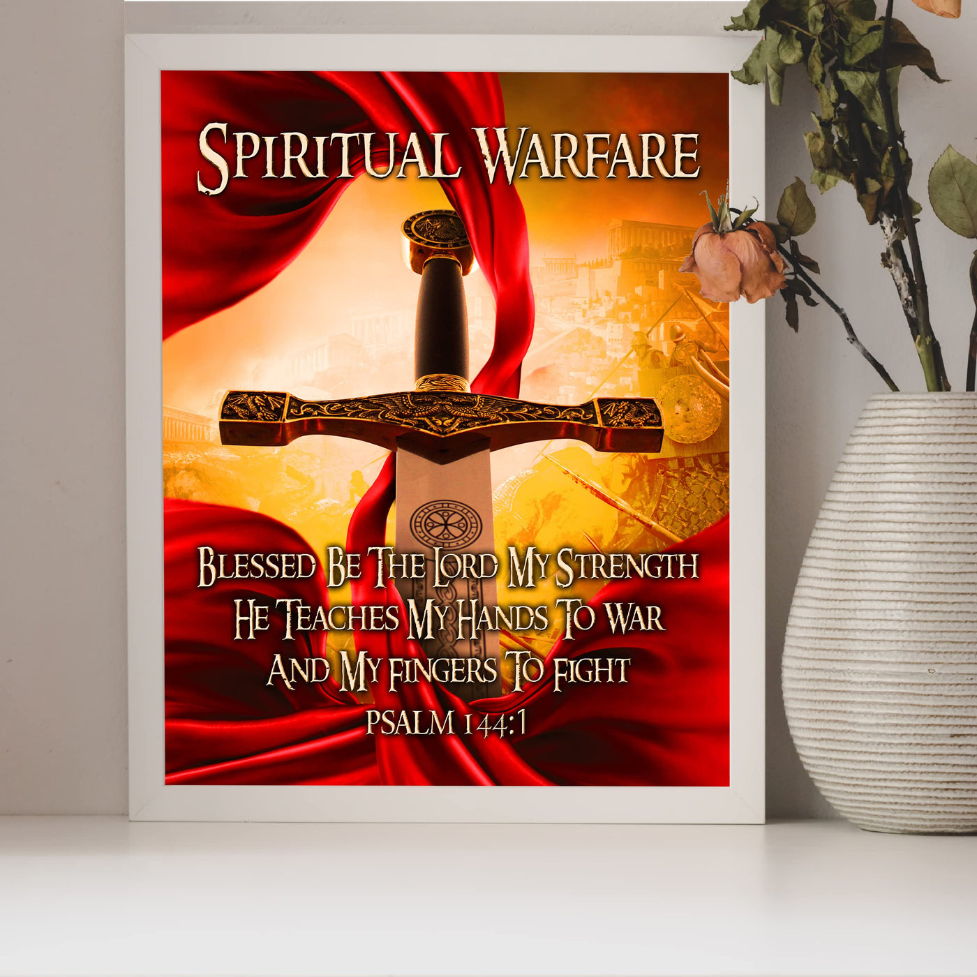 Spiritual Warfare-Blessed Be the Lord Bible Verse Wall Art -8x10" Motivational Christian Sword Picture Print-Ready to Frame. Home-Office-Sunday School-Church Decor. Great Gift of Faith! Psalm 144:1