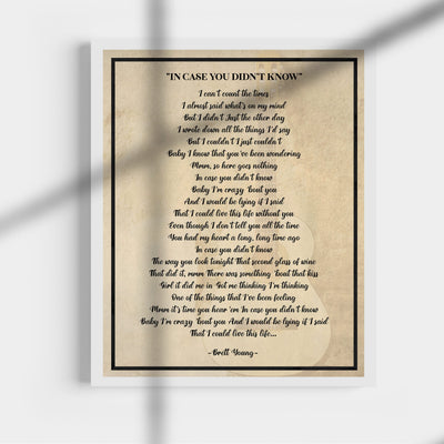 Brett Young-"In Case You Didn't Know"-Song Lyric Wall Art- 11 x 14" Country Music Poster Print-Ready to Frame. Home-Office-Studio-Bar-Cave-Farmhouse Decor. Perfect Valentines-Anniversary Gifts!