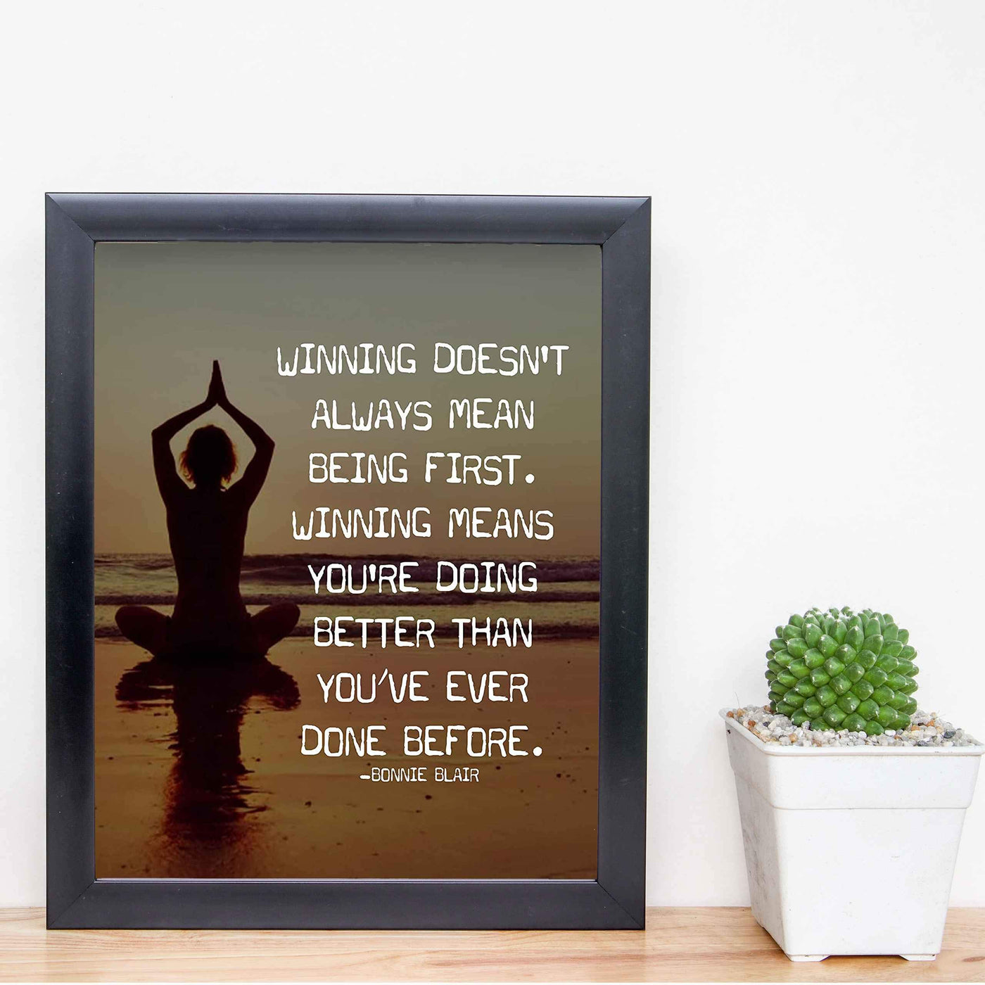 Winning Doesn't Always Mean Being First Inspirational Quotes Wall Art. -8 x 10" Beach Sunset Print with Yoga Pose-Ready to Frame. Motivational Wall Decor for Home, Office & Studio. Great Zen Gift!