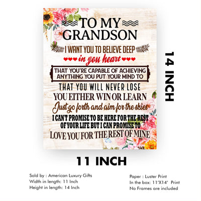 "To My Grandson -Aim For the Skies" Inspirational Love & Family Wall Art Decor -8x10" Rustic Floral Typography Print-Ready to Frame. Home-Bedroom-Office Decoration. Great Gift for Grandsons!