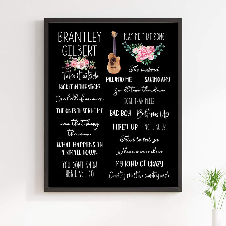 Brantley Gilbert-Song Titles Wall Art Sign -11 x 14" Country Music Poster Print w/Guitar Image-Ready to Frame. Rustic Decor for Home-Studio-Bar-Dorm-Cave. Great Gift for Brantley Gilbert Fans!