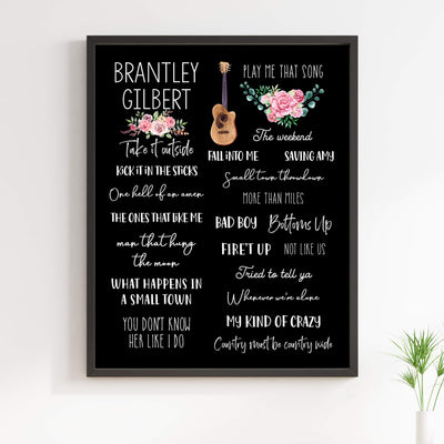 Brantley Gilbert-Song Titles Wall Art Sign -11 x 14" Country Music Poster Print w/Guitar Image-Ready to Frame. Rustic Decor for Home-Studio-Bar-Dorm-Cave. Great Gift for Brantley Gilbert Fans!