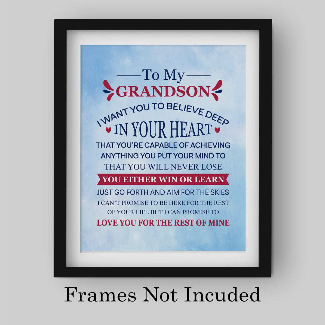 "To My Grandson - Win or Learn" Inspirational Love &amp; Family Wall Decor -8 x 10" Rustic Typographic Art Print -Ready to Frame. Home-Living Room-Office Decoration. Perfect Gift for Grandsons!