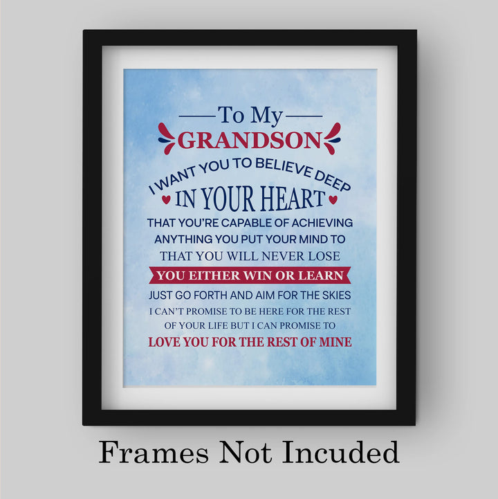 "To My Grandson - Win or Learn" Inspirational Love &amp; Family Wall Decor -8 x 10" Rustic Typographic Art Print -Ready to Frame. Home-Living Room-Office Decoration. Perfect Gift for Grandsons!