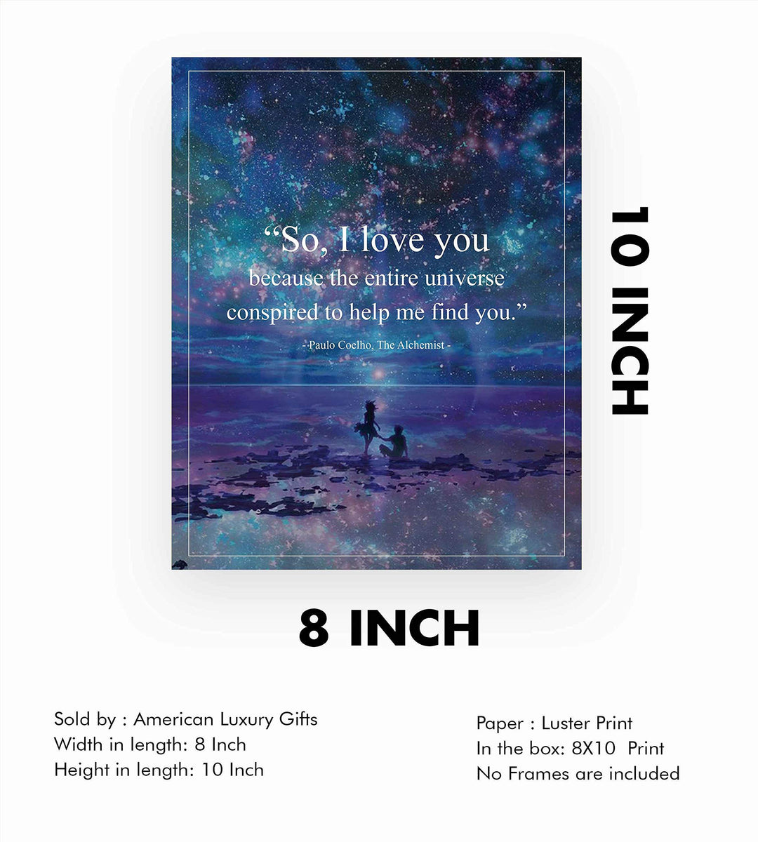 Paulo Coelho Wall Art-"Entire Universe Conspired to Help Me Find You" Book Quote from"The Alchemist"-8x10" Inspirational Starry Night Print-Ready to Frame. Great Gift of Love for Spouse-Partner-BFF!