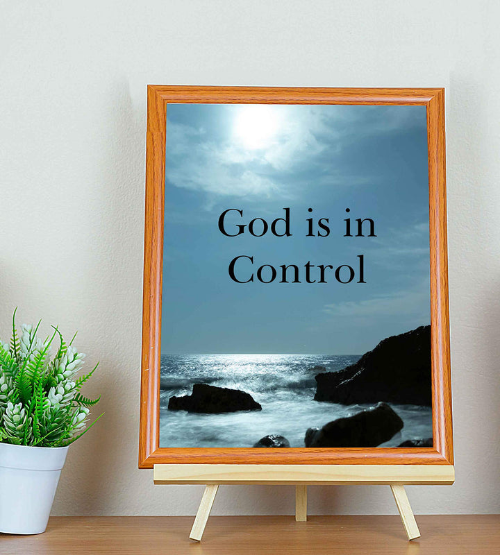 God Is In Control?-Inspirational Christian Wall Art-8 x 10 Typographic Print with Ocean Photo-Ready to Frame. Religious Decor for Home-Office-Church. Great Spiritual Gift &amp; Reminder to Have Faith!