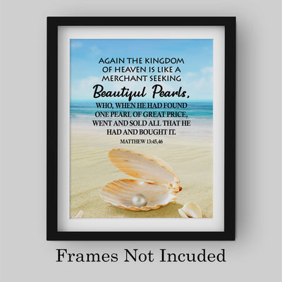 Kingdom of Heaven-Like Seeking Beautiful Pearls-Bible Verse Wall Art-8 x 10"-Christian Beach Print w/Clam Shell Image-Ready to Frame. Scripture Print for Home-Office-Church Decor! Matthew 13:45-46.