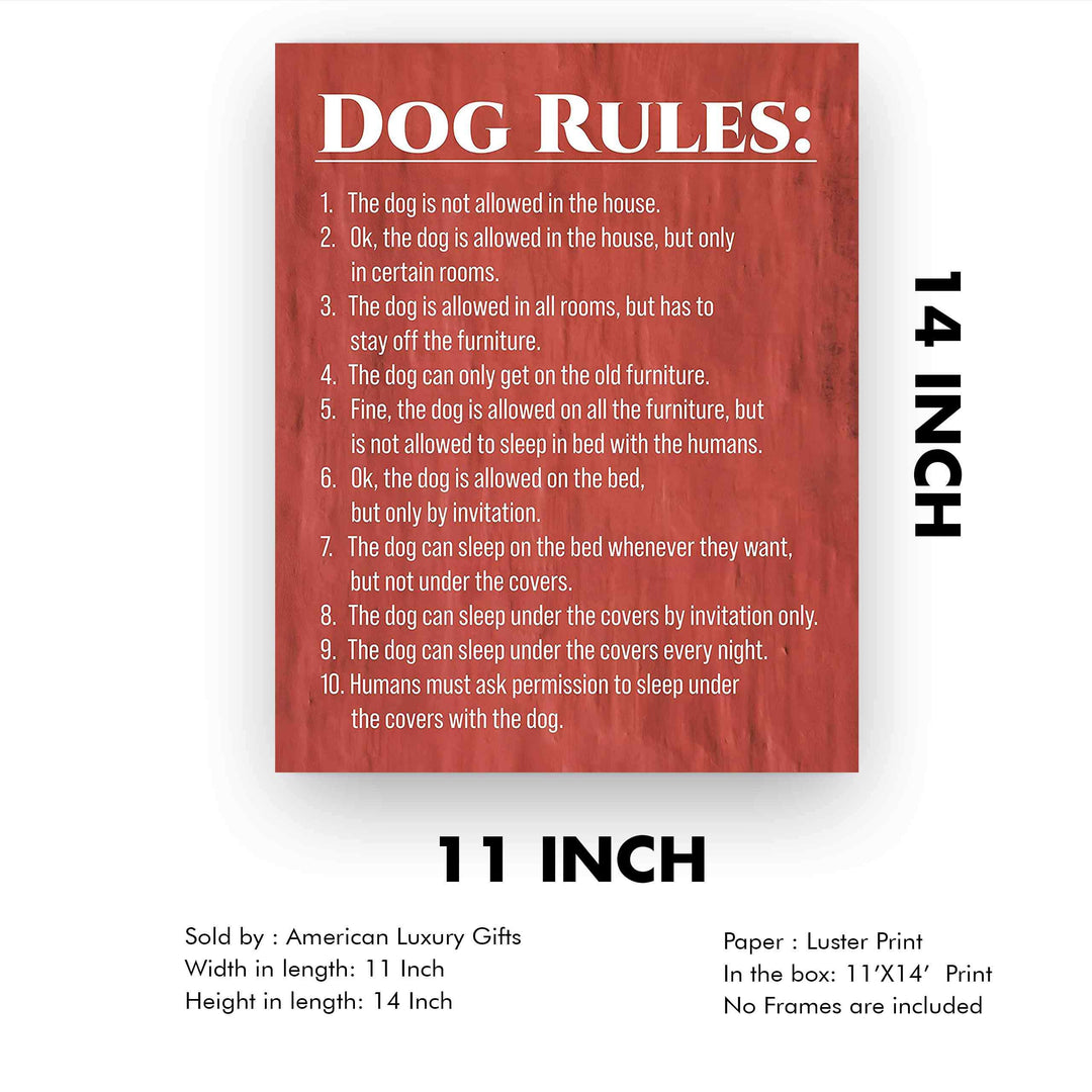 Dog Rules Funny Wall Sign -11 x 14" Typographic Art Print-Ready to Frame. Home-Kitchen-Entryway Decor. Great Housewarming Gift-Perfect for Dog Lovers! Humorous Reminders for Guests &amp; Pet Owners!