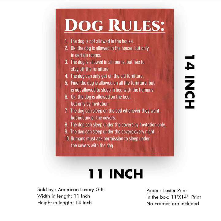Dog Rules Funny Wall Sign -11 x 14" Typographic Art Print-Ready to Frame. Home-Kitchen-Entryway Decor. Great Housewarming Gift-Perfect for Dog Lovers! Humorous Reminders for Guests &amp; Pet Owners!