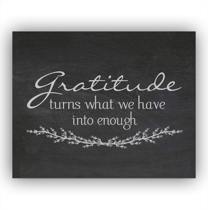 Gratitude-Turns What We Have Into Enough-Inspirational Wall Art- 10 x 8" Modern Typographic Print w/Distressed Wood Design-Ready to Frame. Home-Office-Family Room Decor. Great Positive Sign!