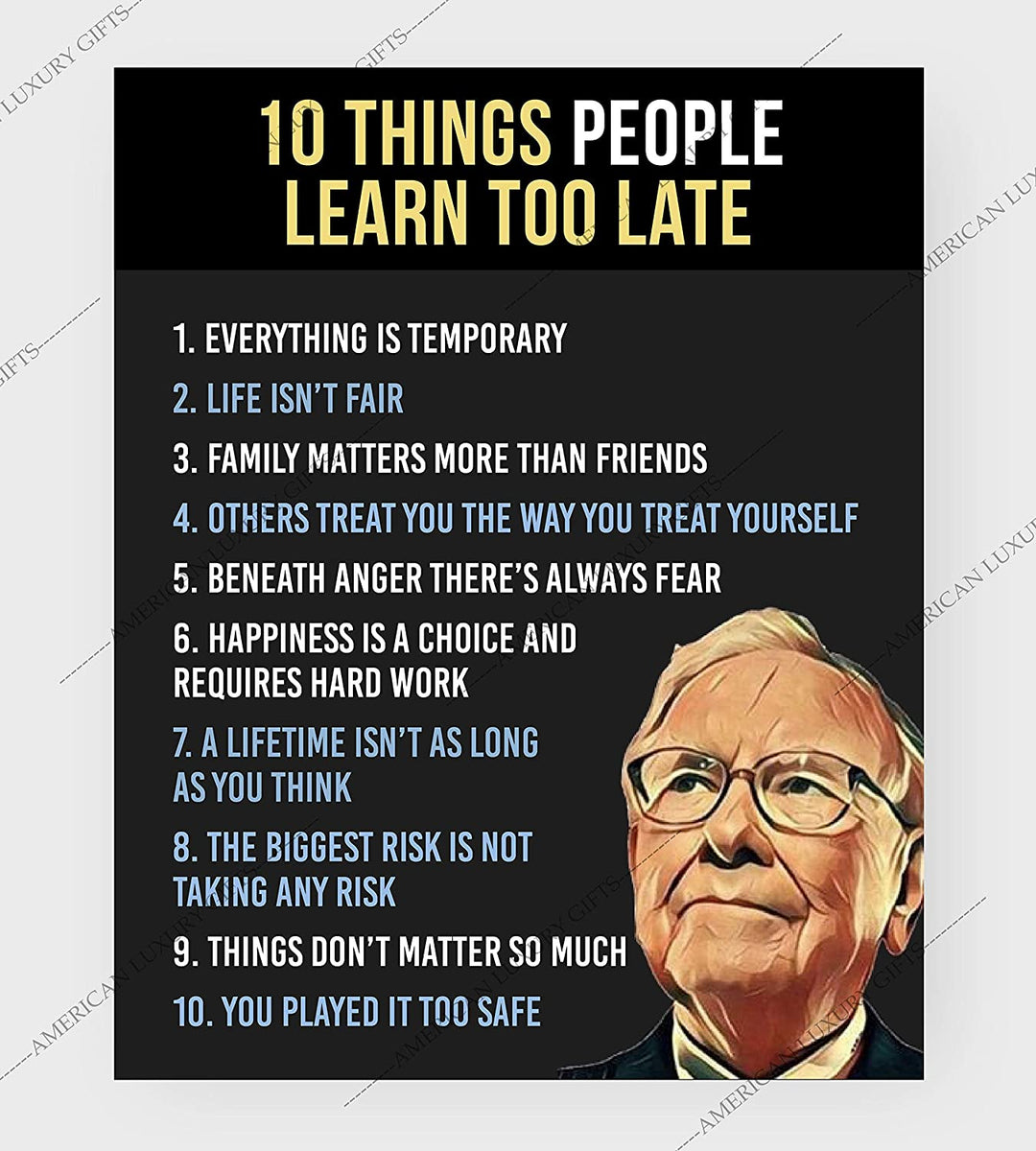 Warren Buffett Quotes-"Ten Things People Learn Too Late"-8 x 10"