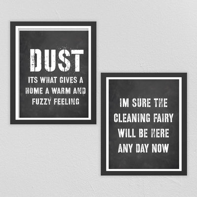 Cleaning Fairy -Set of (2)-8x10" Funny Wall Art Prints-"Dust-Gives Home Warm Fuzzy Feeling" Humorous House Cleaning Prints-Ready to Frame. Home-Office-Guest-Cabin Decor. Fun Housewarming Gift!