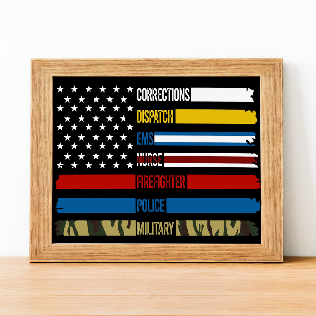 Military &amp; First Responders-Real American Heroes Patriotic Wall Art -14 x 11" Rustic American Flag Poster Print-Ready to Frame. Home-Office-Bar-Cave-School Decor. Show Your Respect! Great Gift!