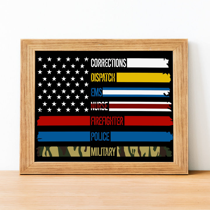 Military &amp; First Responders-Real American Heroes Patriotic Wall Art -14 x 11" Rustic American Flag Poster Print-Ready to Frame. Home-Office-Bar-Cave-School Decor. Show Your Respect! Great Gift!