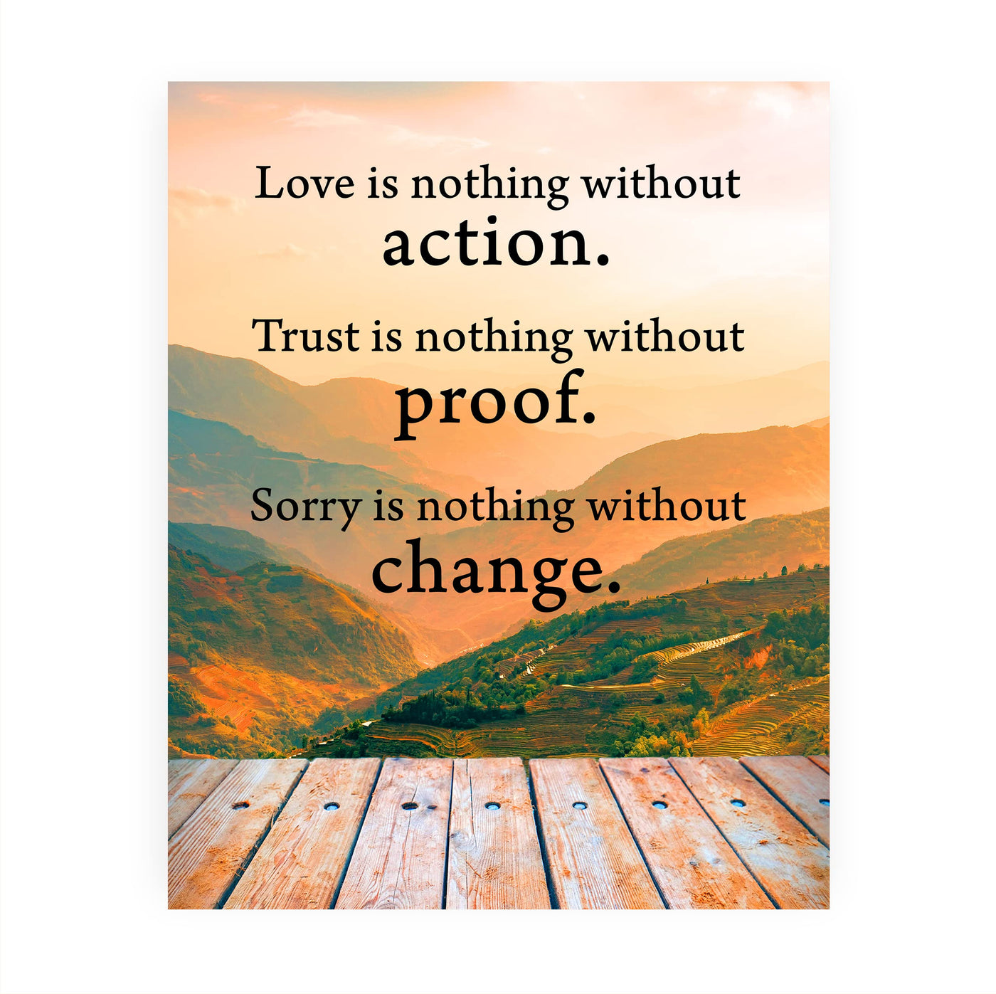 Love Is Nothing Without Action-Inspirational Life Quotes Wall Art -8x10" Mountain Sunset Photo Print-Ready to Frame. Motivational Home-Office-Cabin-Lodge Decor. Great Reminder-Gift for Inspiration!