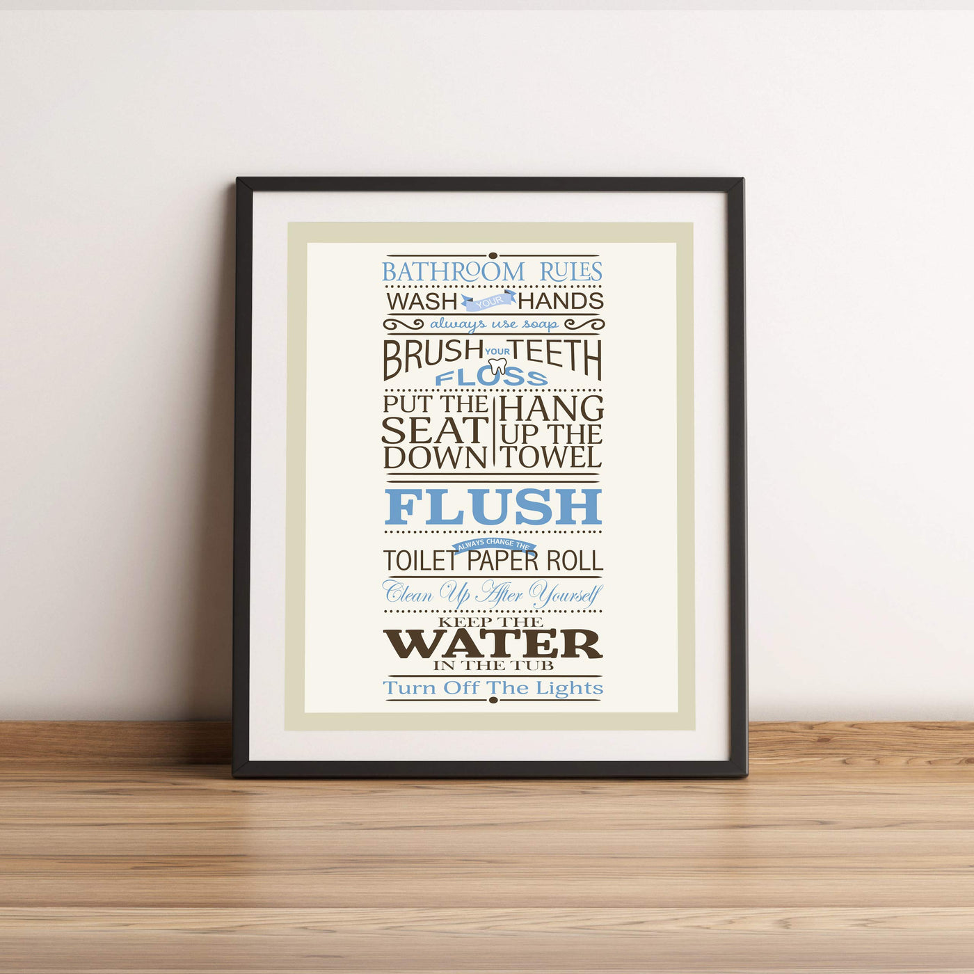 Bathroom Rules: Wash-Brush-Flush-Lights- Fun Bathroom Sign- 11 x 14" Print Wall Art-Ready to Frame. Classy Home & Bathroom D?cor- Housewarming Wall Print. Perfect For Guests & Kids Bathrooms.