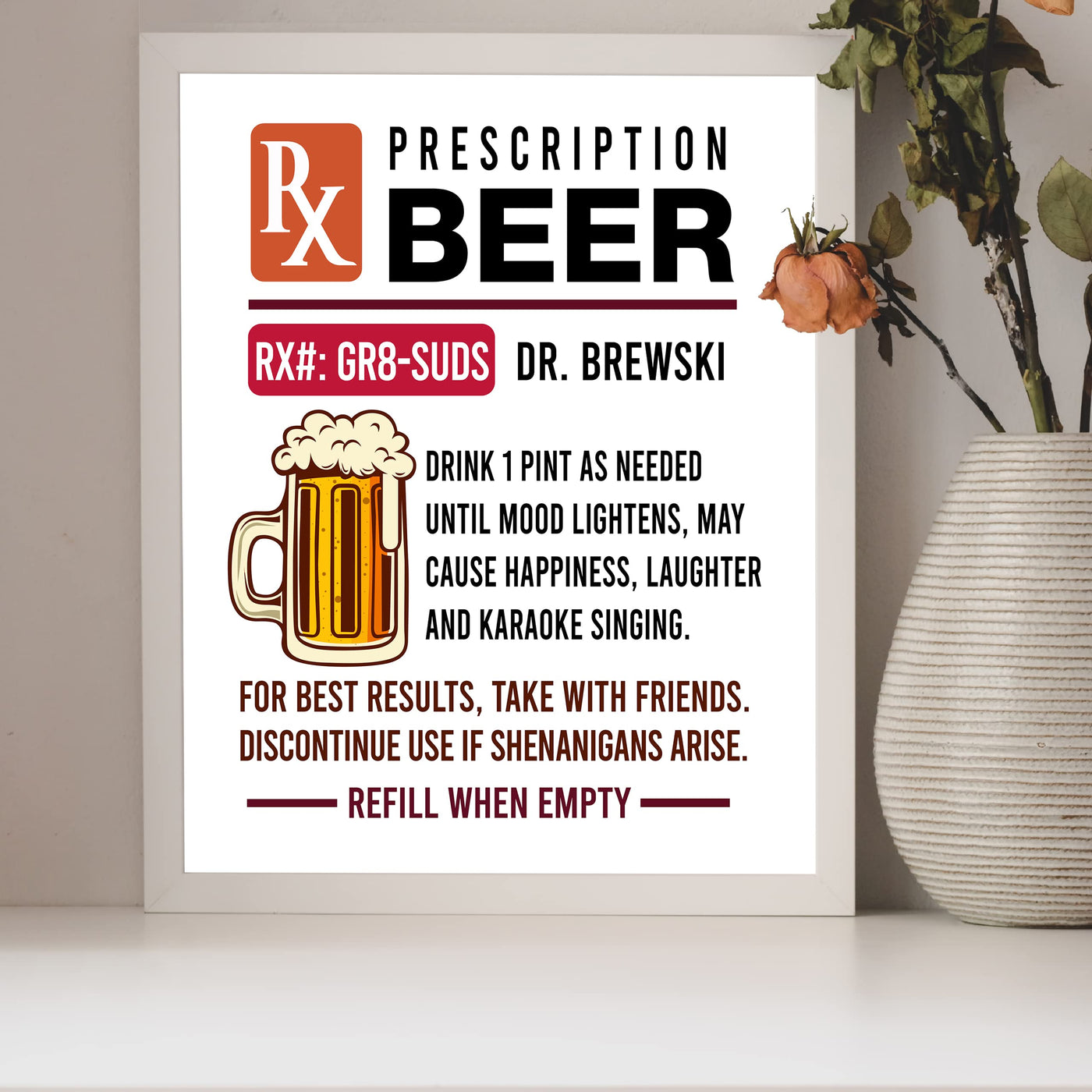 Prescription Beer -Dr. Brewski Funny Beer & Alcohol Wall Sign -8 x 10" Rustic Bar Wall Art Print -Ready to Frame. Retro Home-Patio-Garage-Shop-Pub Decor. Fun Man Cave Decoration for Drinkers!