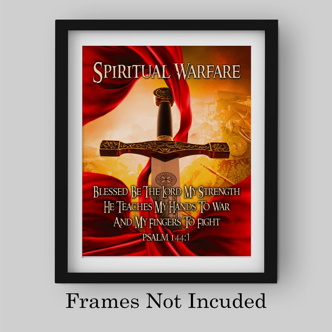 Spiritual Warfare-Blessed Be the Lord Bible Verse Wall Art -8x10" Motivational Christian Sword Picture Print-Ready to Frame. Home-Office-Sunday School-Church Decor. Great Gift of Faith! Psalm 144:1