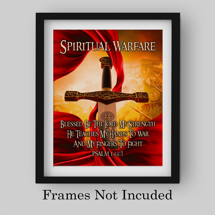 Spiritual Warfare-Blessed Be the Lord Bible Verse Wall Art -8x10" Motivational Christian Sword Picture Print-Ready to Frame. Home-Office-Sunday School-Church Decor. Great Gift of Faith! Psalm 144:1