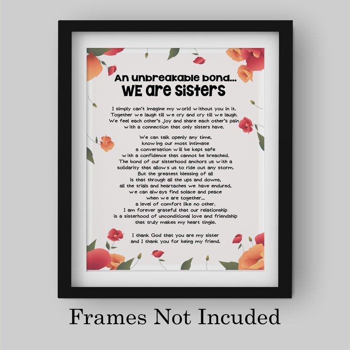 We Are Sisters Inspirational Poem Wall Art -8 x 10" Floral Poster Print-Ready to Frame. Modern Typographic Design. Perfect Home-Office-Studio Decor. Loving, Keepsake Gift for All Sisters!