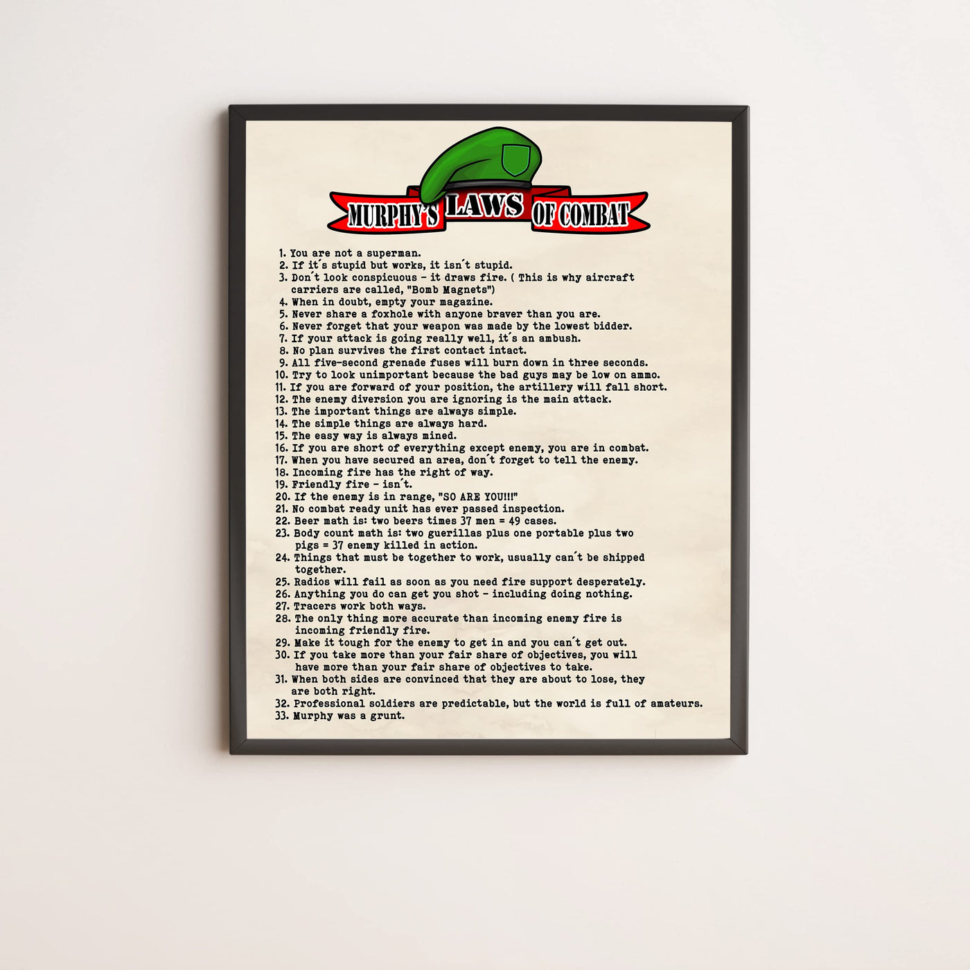 Murphy's Laws of Combat-Funny Military Wall Art Sign -11 x 14" Replica Distressed Patriotic Print-Ready to Frame. Home-Office-Military-Shop-Man Cave Decor. Perfect Gift for Veterans & All Soldiers!