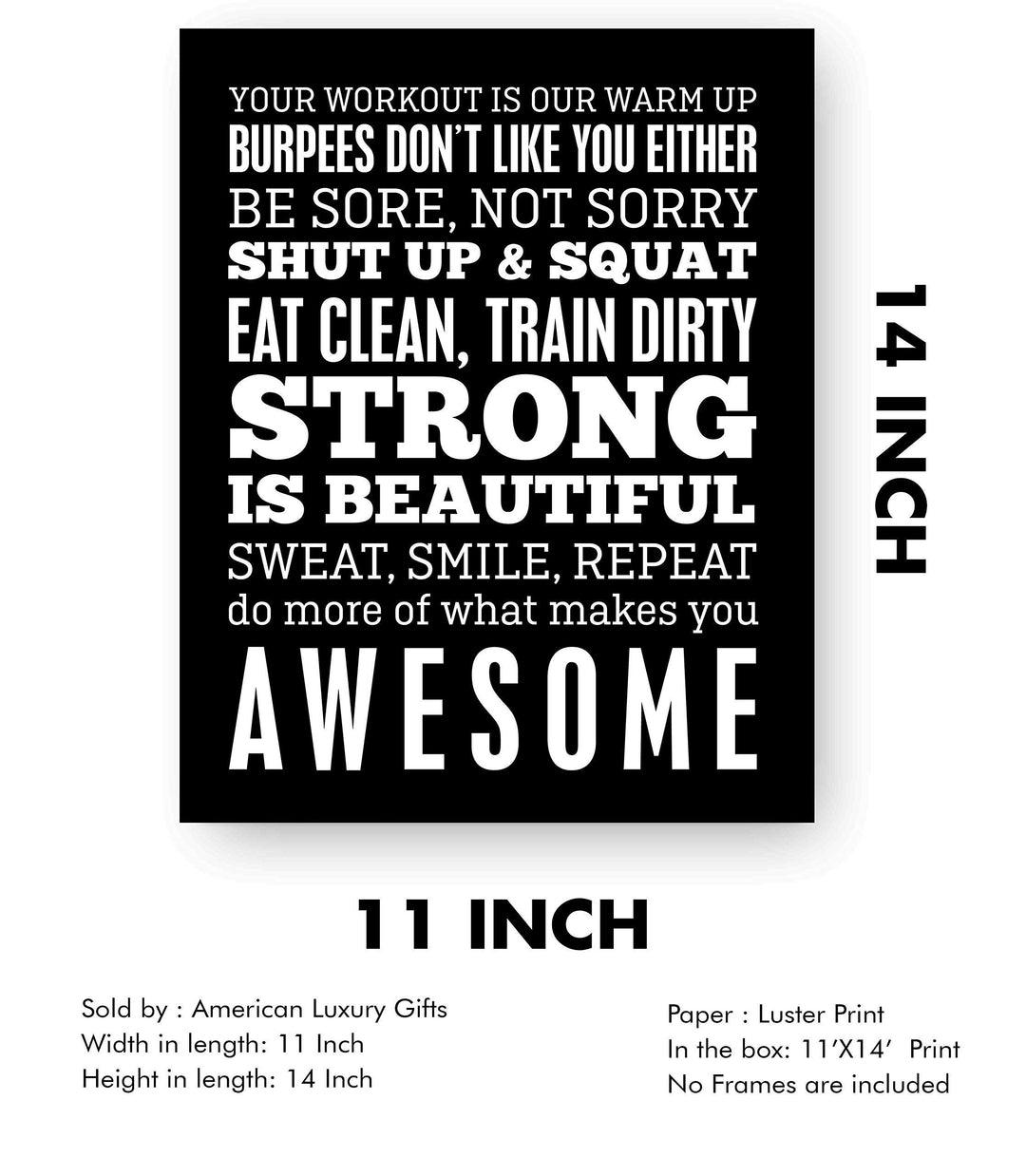 Be Sore, Not Sorry-Sweat, Smile, Repeat-11 x 14" Motivational Exercise Poster Print. Funny Typographic Wall Art Sign- Ready to Frame. Home-Office-Gym-Garage Decor. Great Novelty Gift of Motivation!