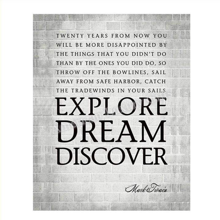 Mark Twain Quotes Wall Art-"Explore-Dream-Discover"- 8 x 10 Art Wall Print Art Ready to Frame. Modern Home D?cor, Studio &amp; Office D?cor. Perfect Gift for Motivation &amp; Inspiration of Graduates.