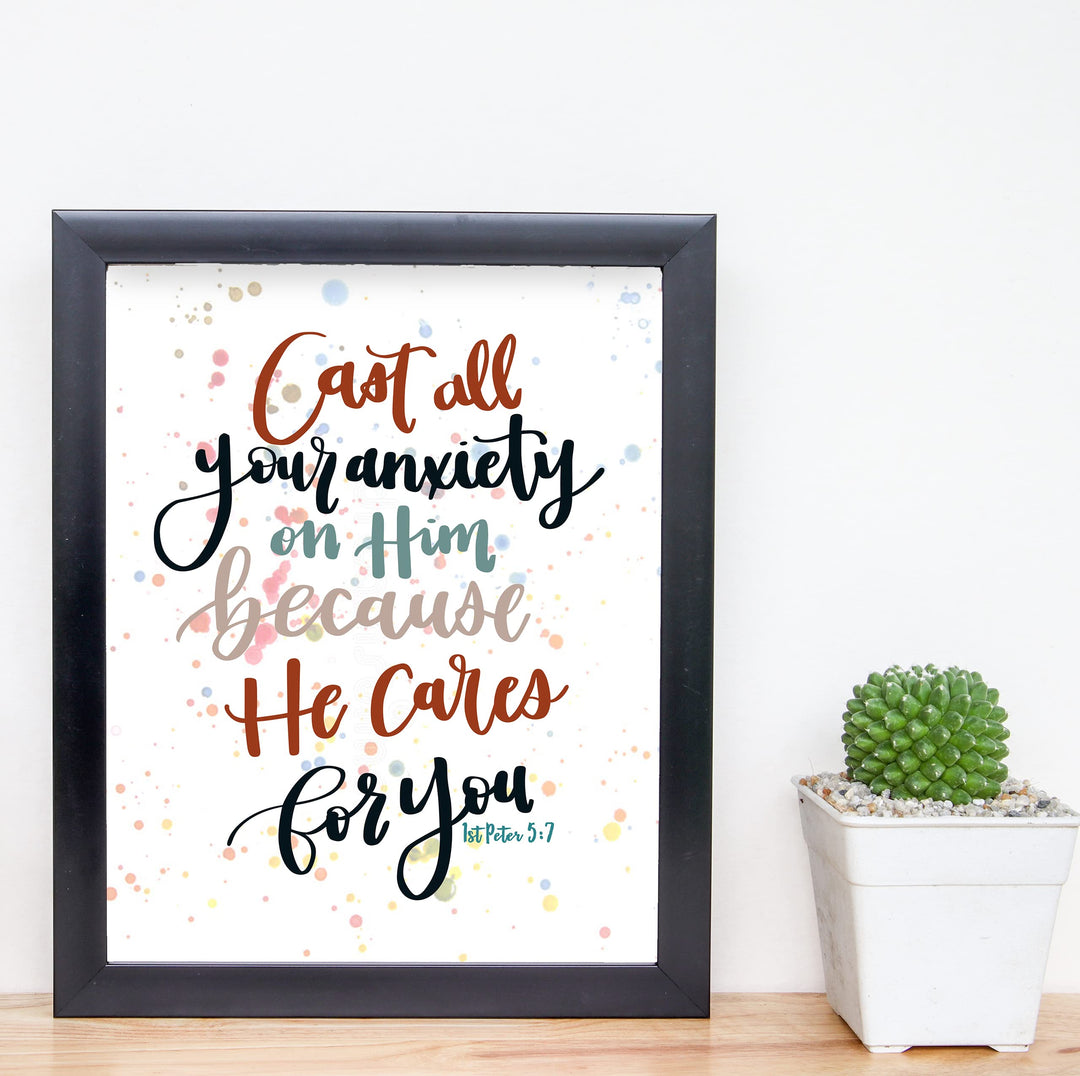 Cast All Your Anxiety On Him Bible Verse Wall Art Decor -8 x 10" Inspirational Christian Scripture Print -Ready to Frame. Religious Decoration for Home-Office-Church-School Decor. 1 Peter 5:7.