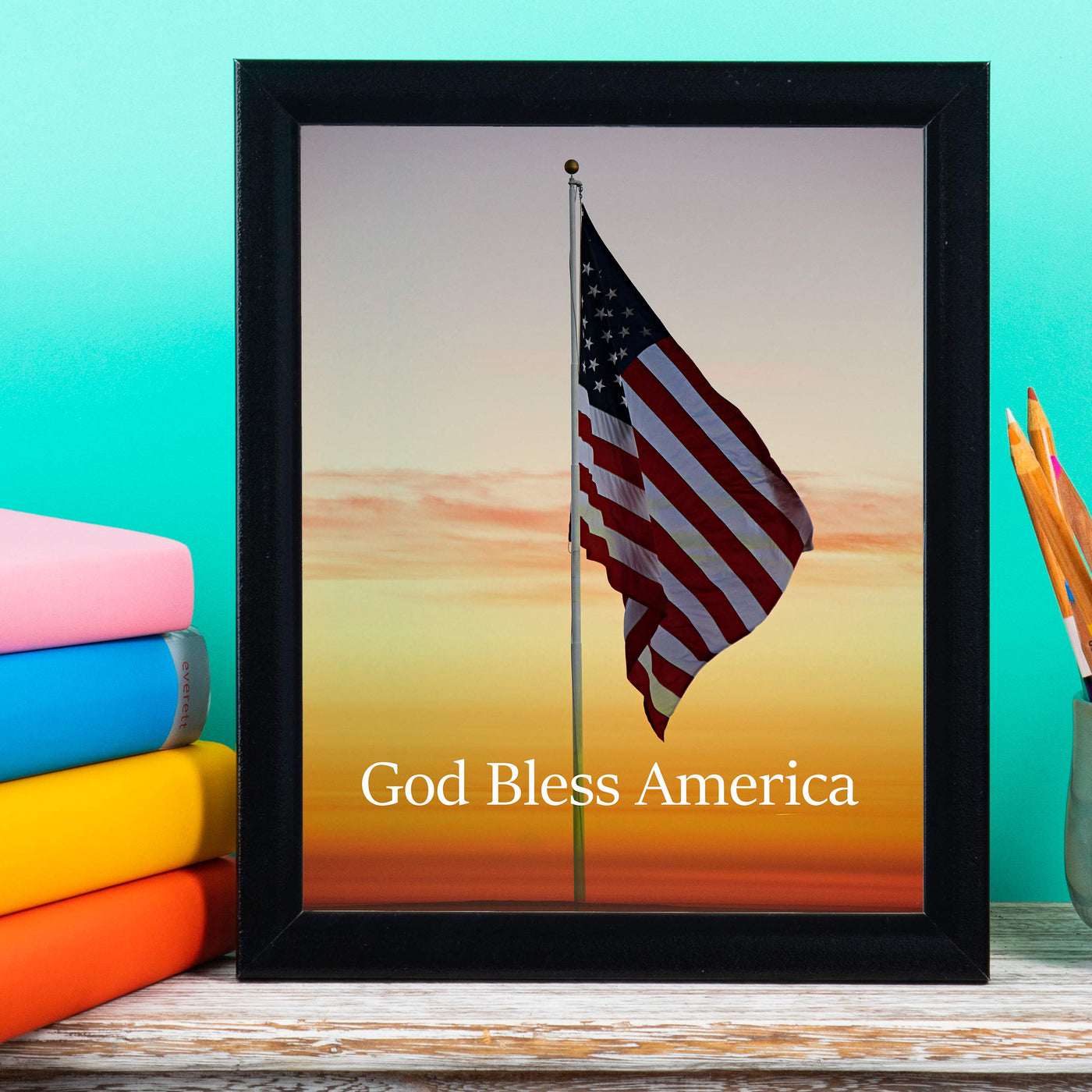 God Bless America-American Flag Sunset Photo Print -8 x 10" Patriotic Poster Print-Ready to Frame. Typographic Wall Art Decor for Home-Office-Library-School-Man Cave. Display Your Patriotism!