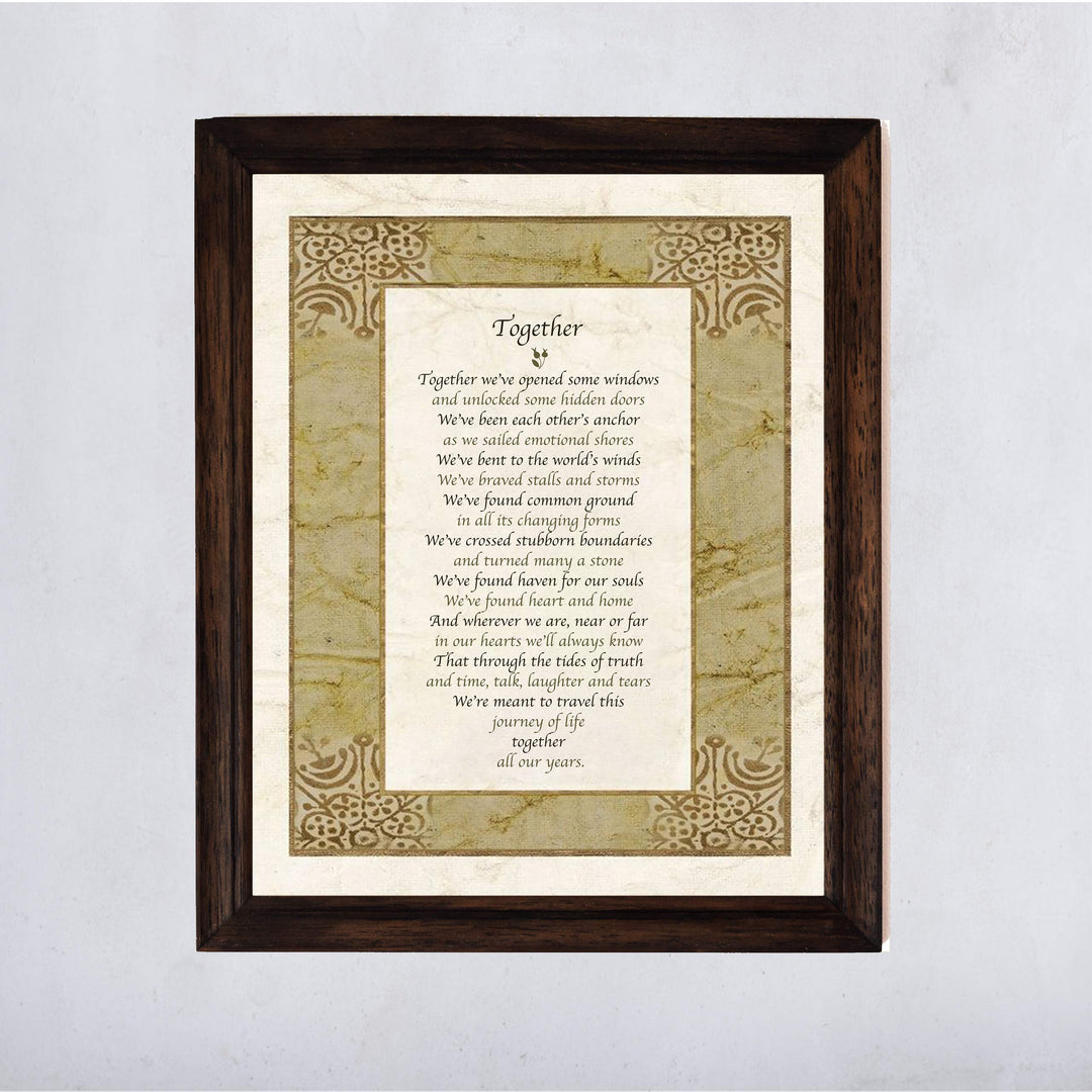Together-Poetic Wall Art -11 x 14" Love and Marriage Poem Print w/Distressed Parchment Design-Ready to Frame. Perfect for Spouse-Newlywed-Life Partners. Great Wedding-Anniversary Gift for Couples!