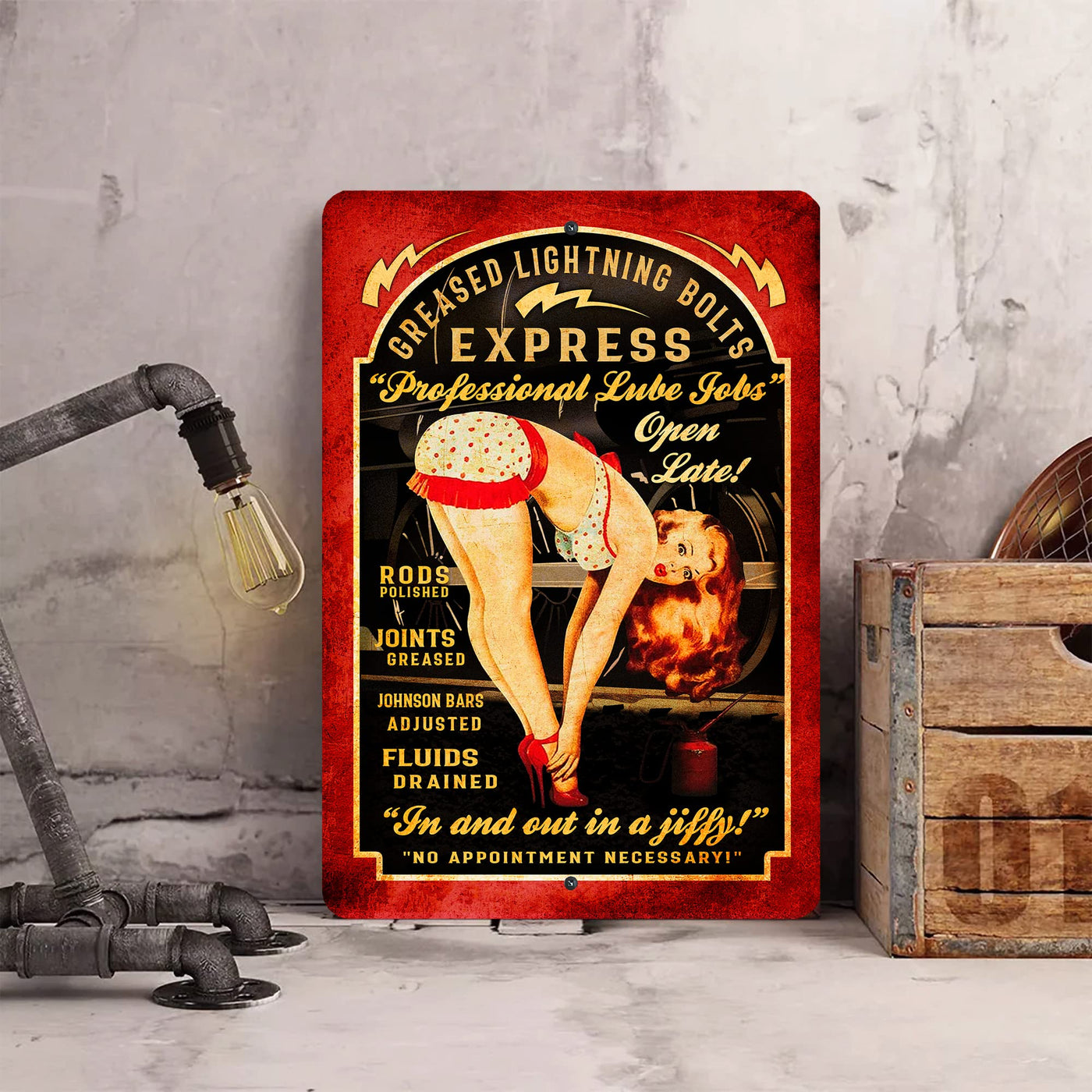 Greased Lightning Express Metal Wall Art Vintage Sign -8 x 12" Funny Rustic Garage Sign for Bar, Man Cave, Tool Shop - Retro Antique Tin Pinup Sign -Great Gift for Home, Outdoor, Mechanic Signs!