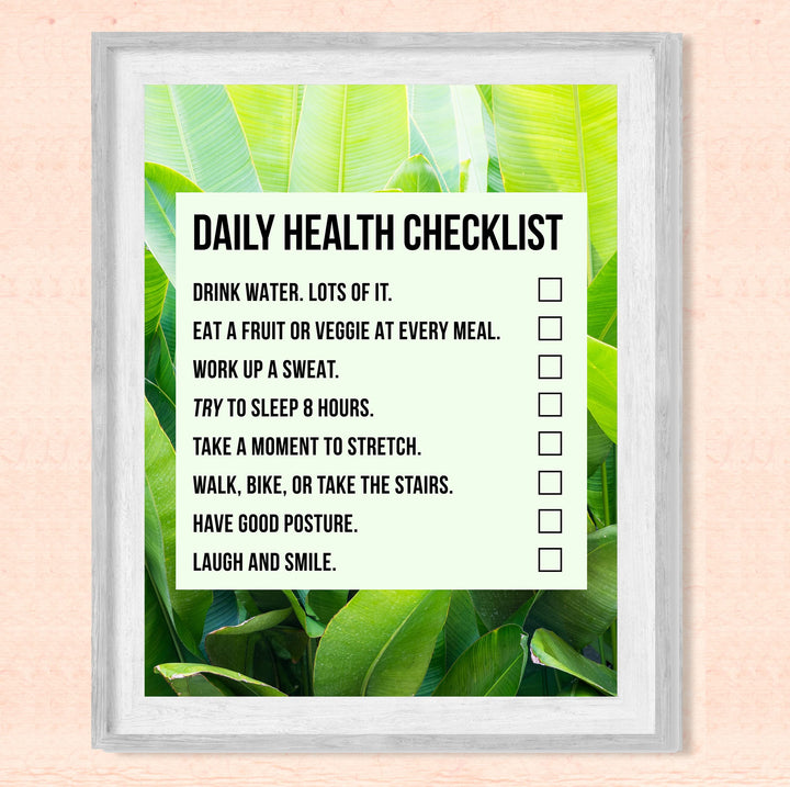 Daily Health Checklist-Motivational Quotes Wall Art-8 x 10" Typographic Diet-Exercise-Fitness Print-Ready to Frame. Home-Office-Gym-Locker Room-Classroom Decor. Perfect Sign for Motivation!