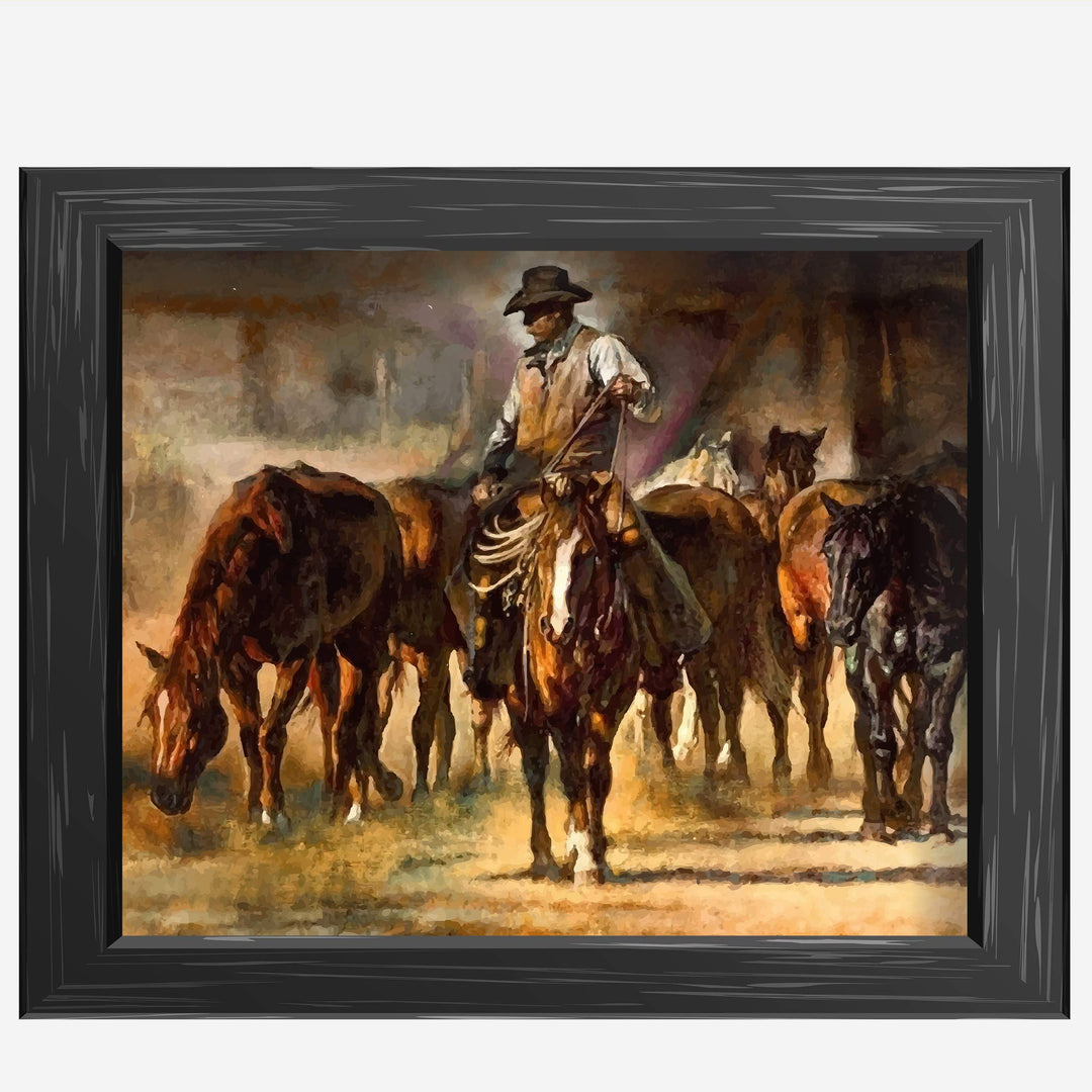 Cowboy Riding Horses- Western Wall Art Sign- 10 x 8"- Country Rustic Replica Art Print-Ready to Frame. Home-Lodge-Camp-Cabin Decor. Great Gift for Cowboys &amp; Horse Lovers!