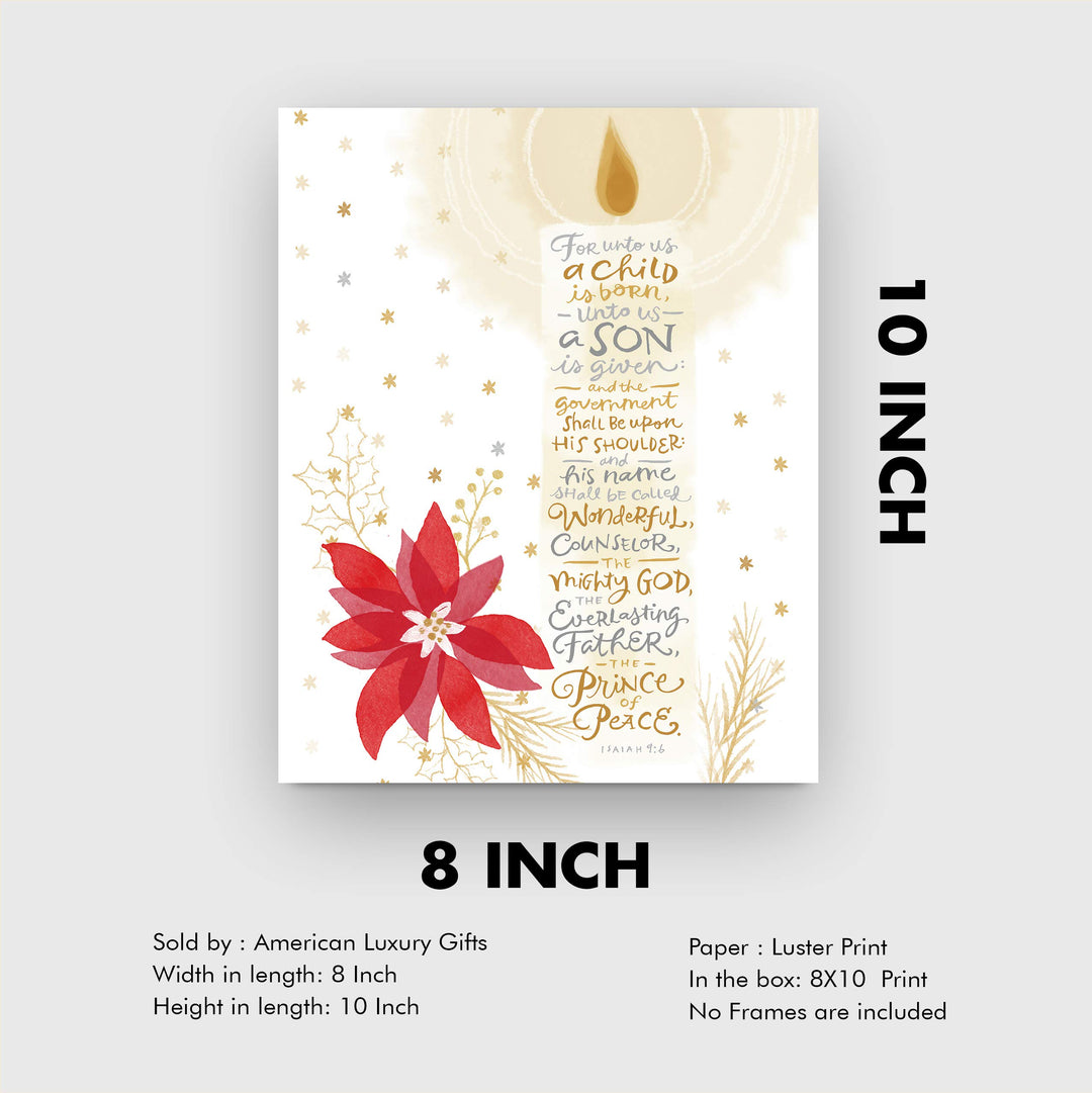 ?For Unto Us a Child Is Born-The Prince of Peace? -Isaiah 9:6 -Bible Verse Wall Art-8 x 10" -Typographic Candle Design w/Poinsettia-Ready to Frame. Scripture Print Ideal for Home-Office-Church D?cor.