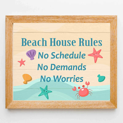 Beach House Rules-No Schedules, Demands, Worries Fun, Rustic Vacation Sign -10 x 8" Typographic Wall Print w/Replica Wood Design-Ready to Frame. Home-Cabin-Beach-Nautical Decor. Printed on Paper.
