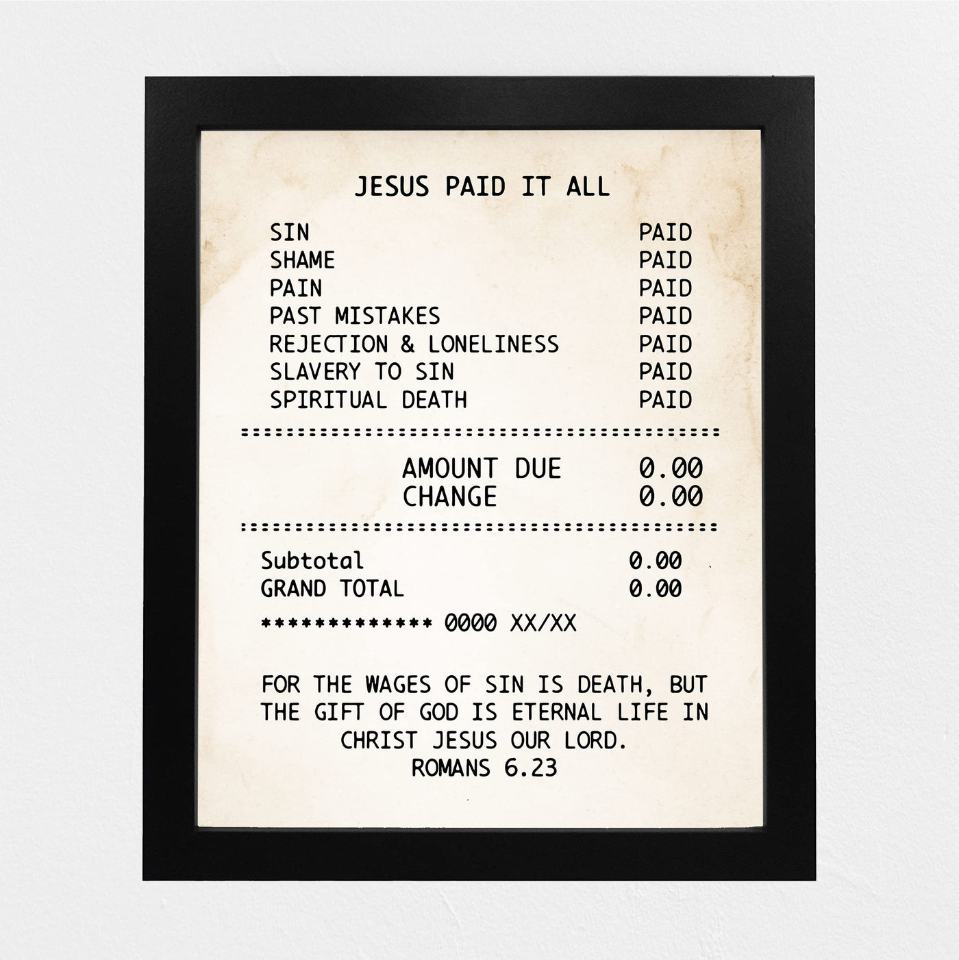 Jesus Paid It All Inspirational Christian Wall Decor-8 x 10" Replica Receipt Design Art Print -Ready to Frame. Motivational Decor for Home-Office-Church-School. Great Religious Gift of Faith!