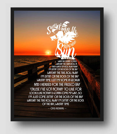 Otis Redding-"Sittin' On The Dock Of The Bay"-Song Lyrics Wall Art Sign-11 x 14" Lyrical Poster Print on Ocean Sunset Photo- Ready To Frame. Home-Beach House Decor. Perfect Gift for Soul Music Fans!