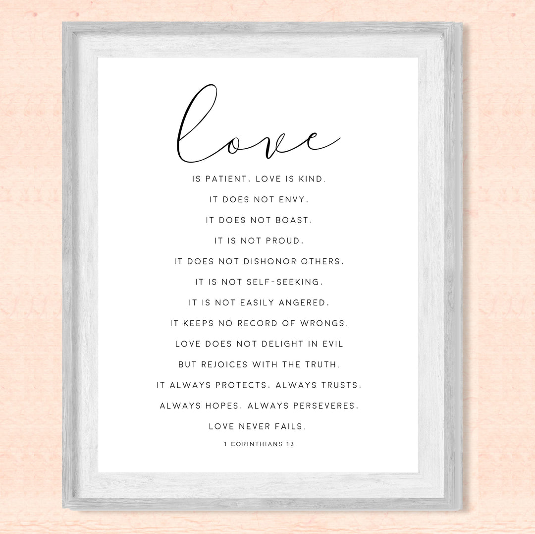 "Love is Patient &amp; Kind"- Christian Bible Verse Wall Art Decor -Scripture Typography Print- Ready to Frame. Home-Office Decor. Perfect Wedding &amp; Anniversary Gift! 1 Corinthians 13:4–8.
