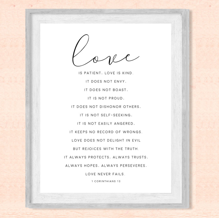 "Love is Patient &amp; Kind"- Christian Bible Verse Wall Art Decor -Scripture Typography Print- Ready to Frame. Home-Office Decor. Perfect Wedding &amp; Anniversary Gift! 1 Corinthians 13:4–8.