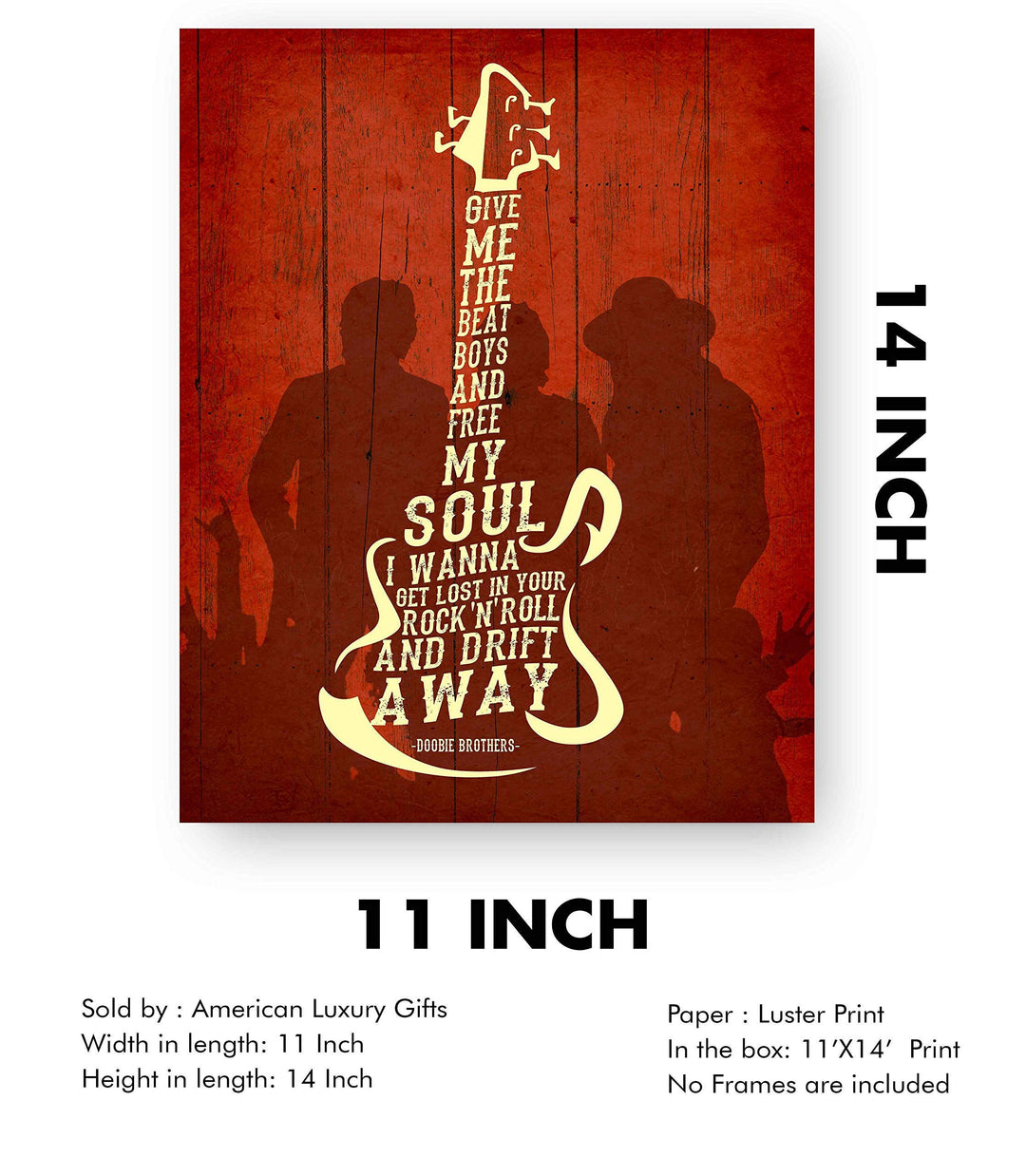 Give Me the Beat Boys &amp; Free My Soul-Song Lyrics Wall Art -11 x 14" Rock Music Print w/Guitar Word Art-Ready to Frame. Retro Home-Office-Studio-Bar-Cave Decor. Perfect for Doobie Brothers Fans!