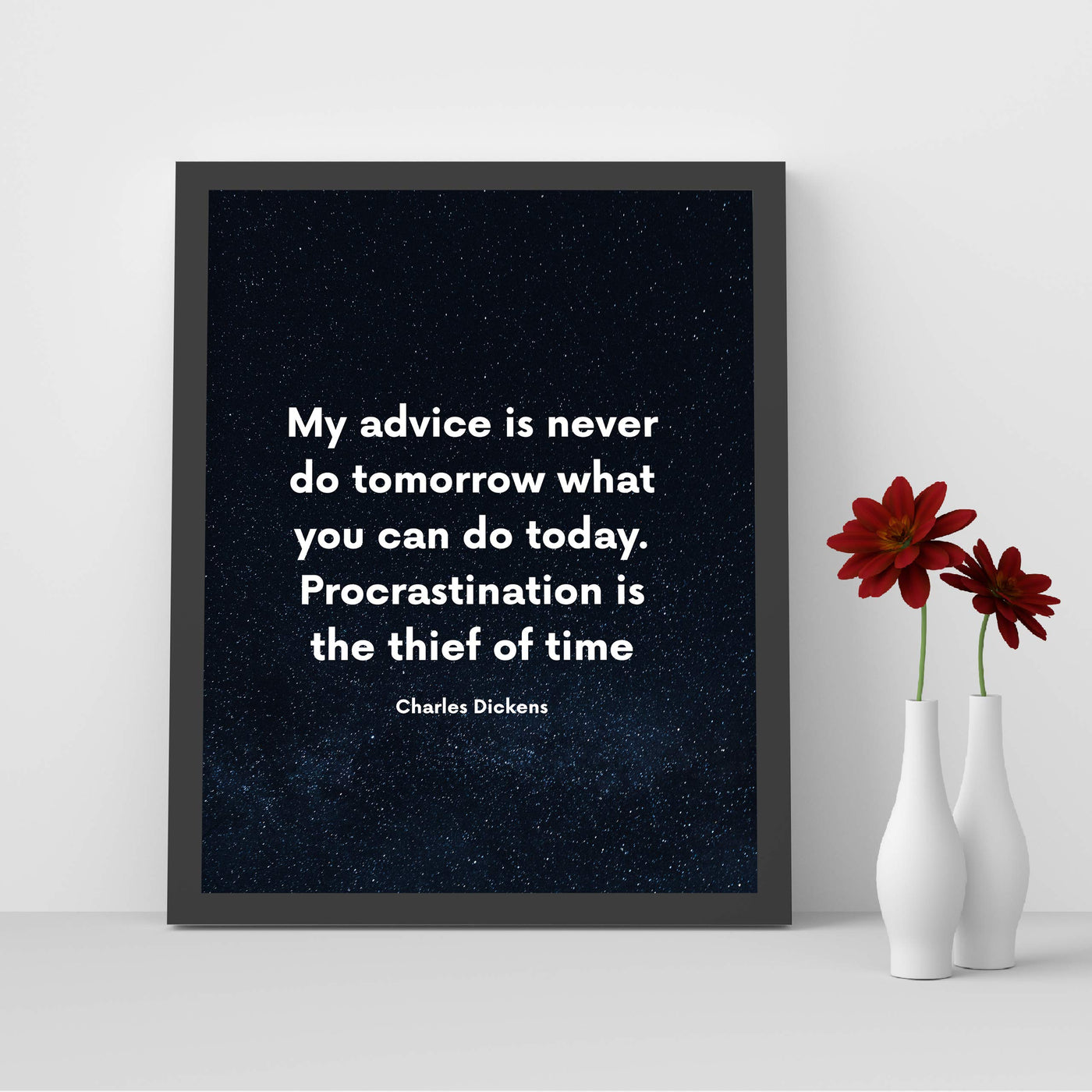 Charles Dickens-"Procrastination Is the Thief of Time"-Motivational Quotes Wall Print-8 x 10" Inspirational Starry Night Print-Ready to Frame. Classic Decor for Home-Office-Studio-Classroom-Dorm!