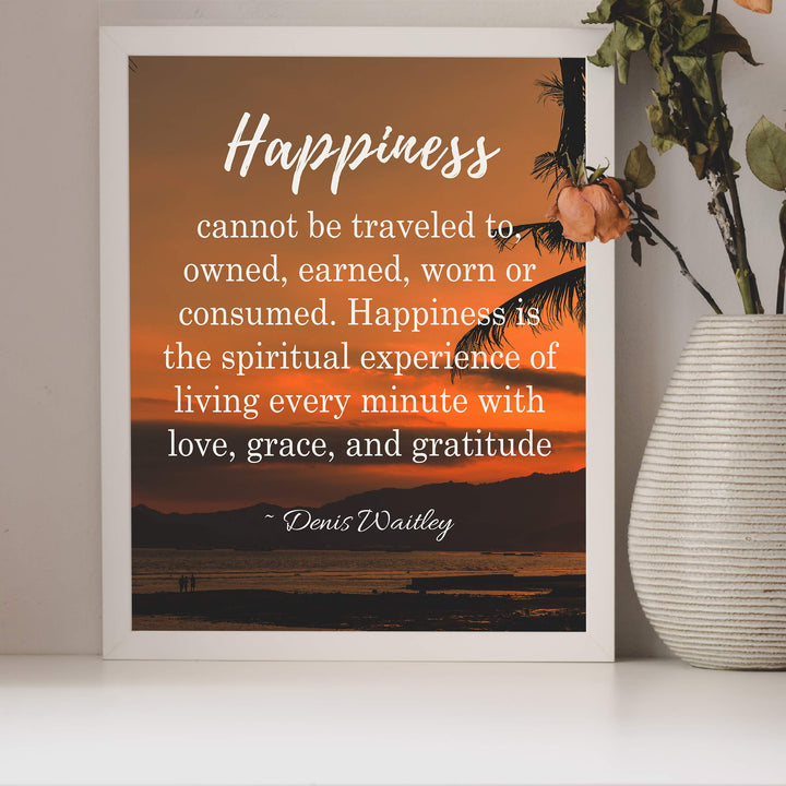 Happiness is Living With Love, Grace &amp; Gratitude- Inspirational Wall Art-8 x 10" Print Wall Print-Ready to Frame. Modern Spiritual Typographic Decor for Home-Office-Studio. Dennis Waitley Quotes.