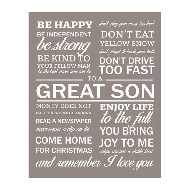 To A Great Son 8 x 10" Wall Art Sign-"Words To Live By" Humorous Typographic Wall Decor-Ready to Frame. Fun &amp; Inspirational- Lifetime Keepsake for Any Son On Any Occasion. Great Graduation Gift!