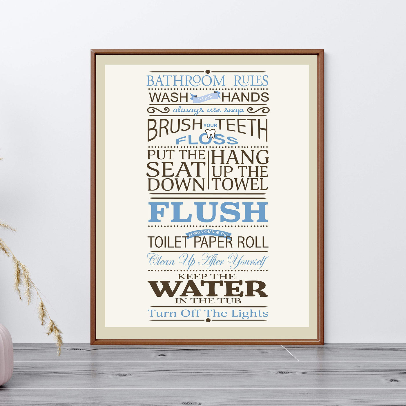 Bathroom Rules: Wash-Brush-Flush-Lights- Fun Bathroom Sign- 11 x 14" Print Wall Art-Ready to Frame. Classy Home & Bathroom D?cor- Housewarming Wall Print. Perfect For Guests & Kids Bathrooms.